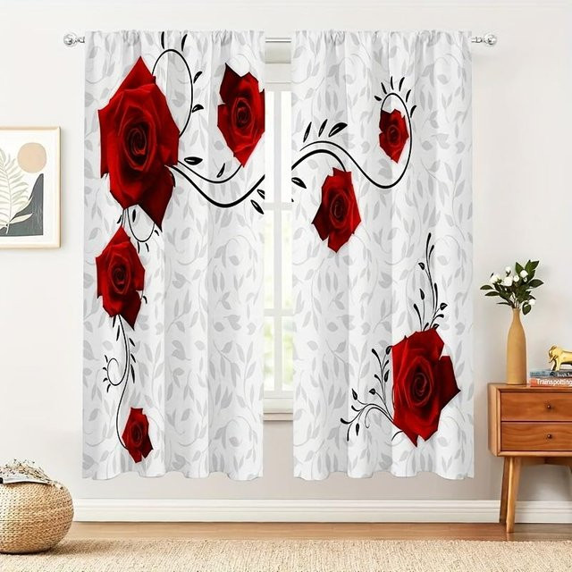 2er-Set Luxus Vorhänge mit rotem Rosen- und Goldblumen-Print, halbtransparent, Polyester, Breite: 50 cm, Höhe: 130 cm - Bild 1