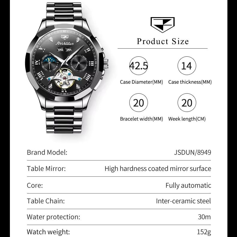 JSDUN Skelett-Chronograph, Automatik, Edelstahl, Keramikarmband, Herren - Bild 5