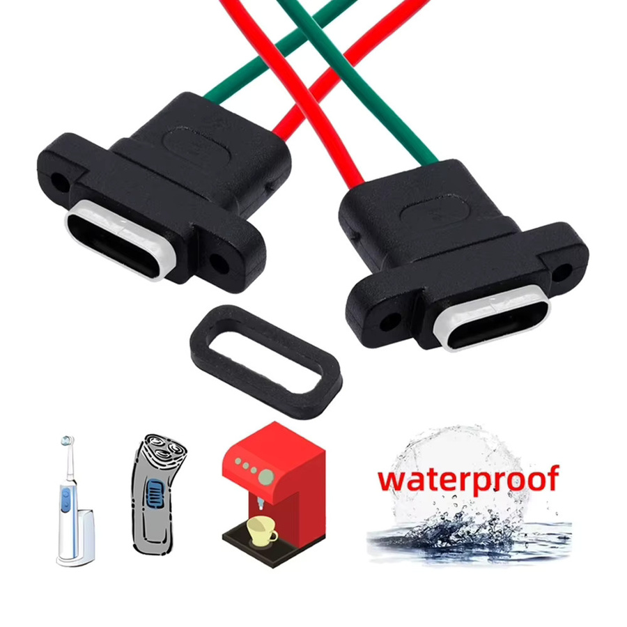 EGBO USB-C Ladeport 2-Pin wasserdichte weibliche Buchse mit W-förmig gelöteten Drähten in Schwarz - Bild 2