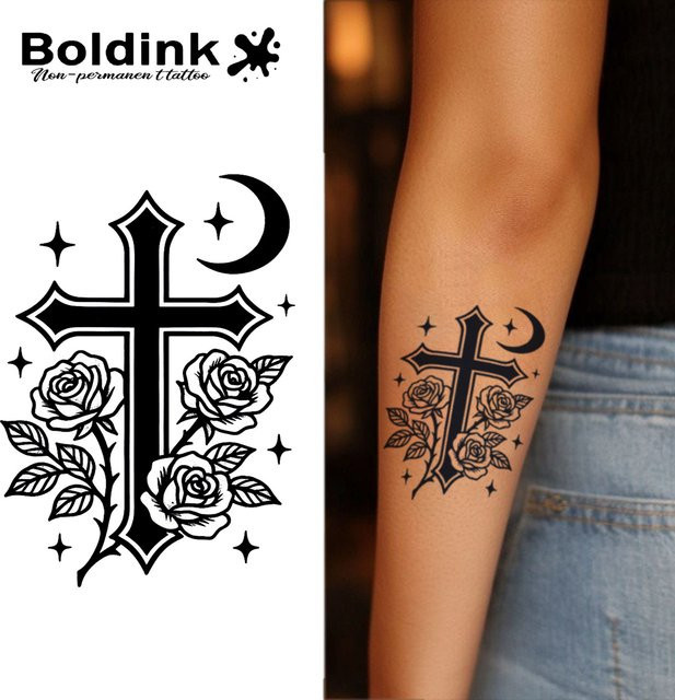 Boldink Rosen-Kreuz-Mond Saft-Tattoo-Pflaster, wasserfest - Bild 1