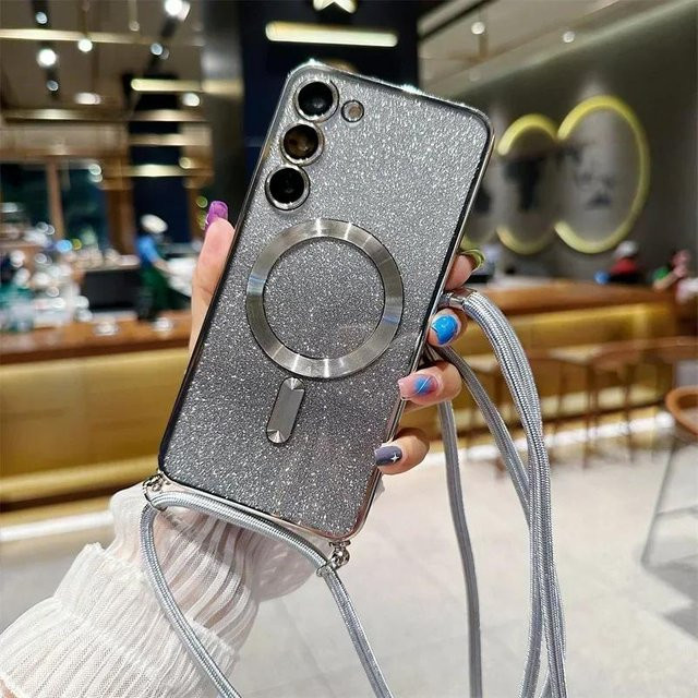 Glitzer Handyhülle mit Umhängeband für Samsung Galaxy S26 S25 S24 S23 S22 S21 Ultra Plus FE, MagSafe Magnetisch, Weiches TPU, Farbe: Silver - Bild 1