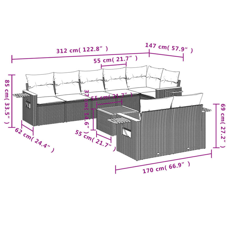 Vidaxl Gartenmöbel-Set aus Polyrattan mit Kissen, 9-teilig, Beige, Modernes Design - Bild 2