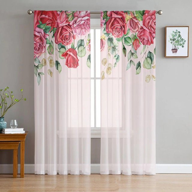 A Family Of Home Textiles Romantischer Luxus-Tüll-Vorhang in Rosa, Transparenter Chiffon-Vorhang mit Blumenmuster, Breite: 135 cm, Höhe: 137 cm - Bild 1