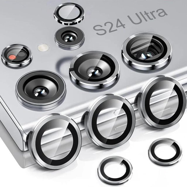 Kameraobjektivschutz aus gehärtetem Glas mit Metallring für Samsung Galaxy S24 Ultra, S23, S22 Plus, FE und A25 in Silber - Bild 1
