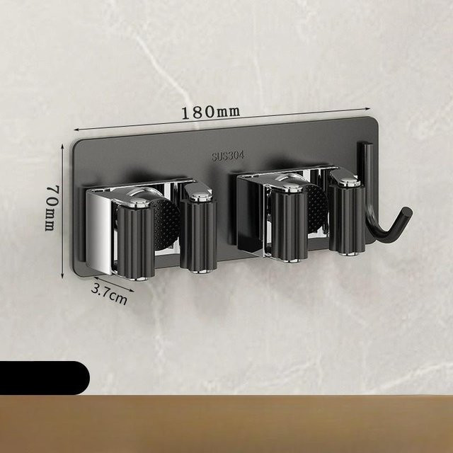 NATAWA Edelstahl Mopp Halter Wandmontage mit Klebebefestigung, Multi-Zweck Besenaufhänger Organizer in Grau und Schwarz - Bild 1