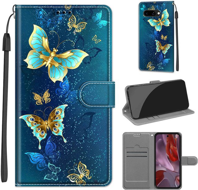 Luxuriöse bemalte Lederhülle im Brieftaschen-Stil für Google Pixel 9, 9 Pro XL, 8 Pro, 8, 7 Pro, 7A, 6 Pro und Pixel 9A in Blau - Bild 1