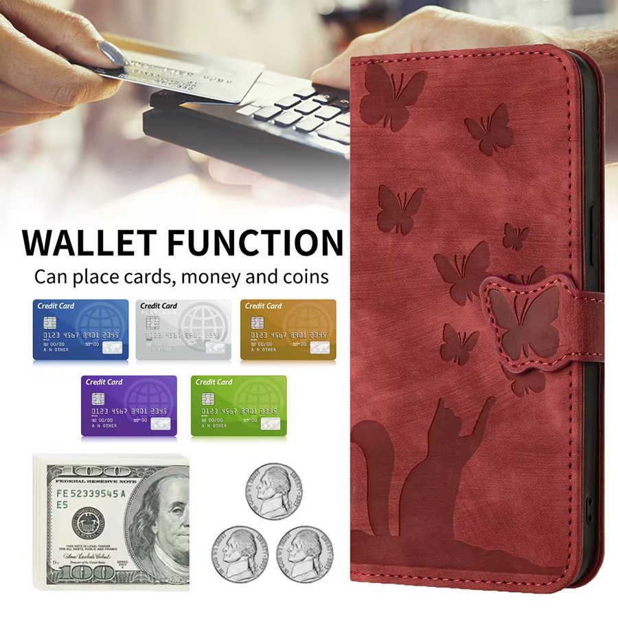Schmetterling Katze Leder Brieftasche Handyhülle für Samsung Galaxy A56 A55 A54 A35 A36 A06 A17 A15 A34 A24 A14 A13 A23 A33 A53 A25 A05S in Rot - Bild 3
