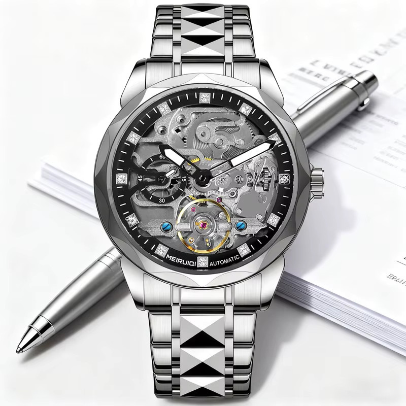 MEIRUIQI Armbanduhr Automatik, Edelstahl, Silber, Schwarz, Herren - Bild 4