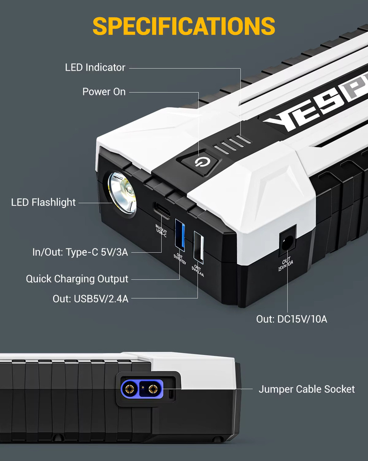 YESPER 4120A Tragbares Auto-Starthilfegerät 26800mAh mit Tragetasche und Überbrückungskabel für Benzin bis 10L und Diesel, 12V - Bild 7