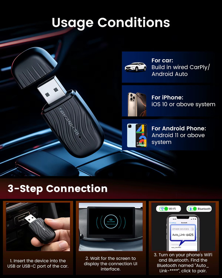 HEYINCAR 2-in-1 CarPlay Adapter und Android Auto Konverter für kabellose Verbindung via WLAN und Bluetooth, Schwarz - Bild 5