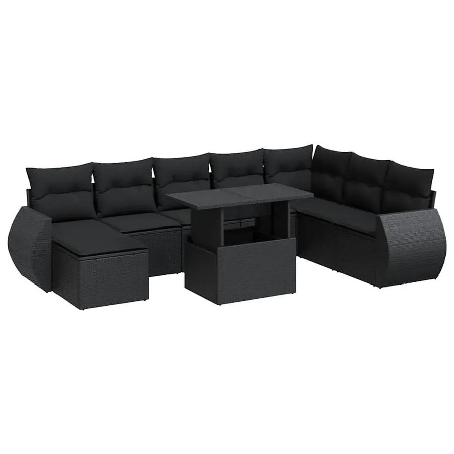vidaXL 9-tlg. Garten-Sofagarnitur in L-Form aus schwarzem Poly-Rattan mit wetterfesten Kissen und pulverbeschichtetem Stahlgestell - Bild 2