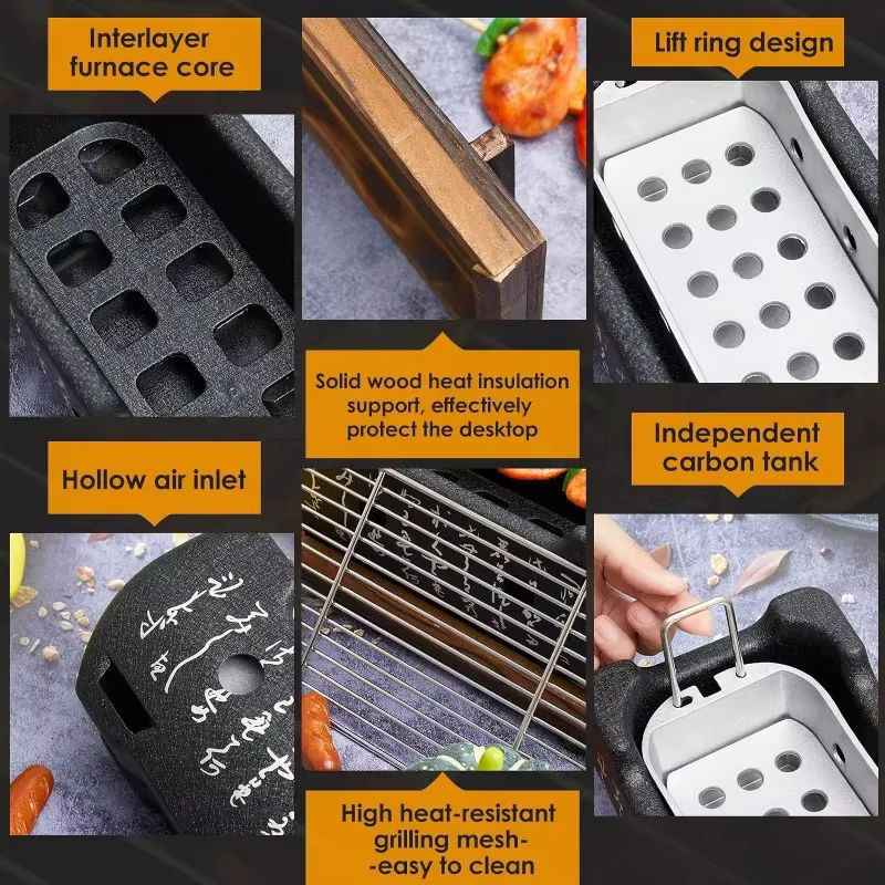 Japanischer Tragbarer Kohlegrill aus Aluminium in Silber mit Holzbasis und Grillwerkzeug - Bild 4