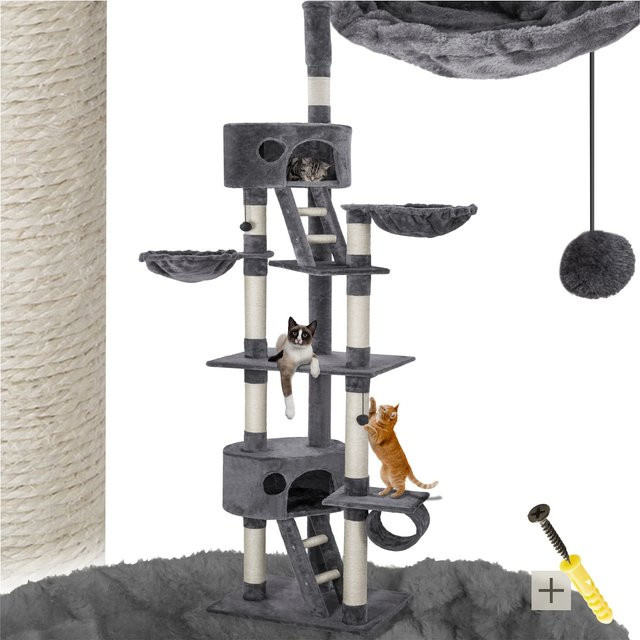 tectake Kratzbaum Hansi Grau mit 2 Katzenhäusern, 2 Treppen und Spielbällen, B/T/H: 60 x 45 x 243 bis 260 cm - Bild 1