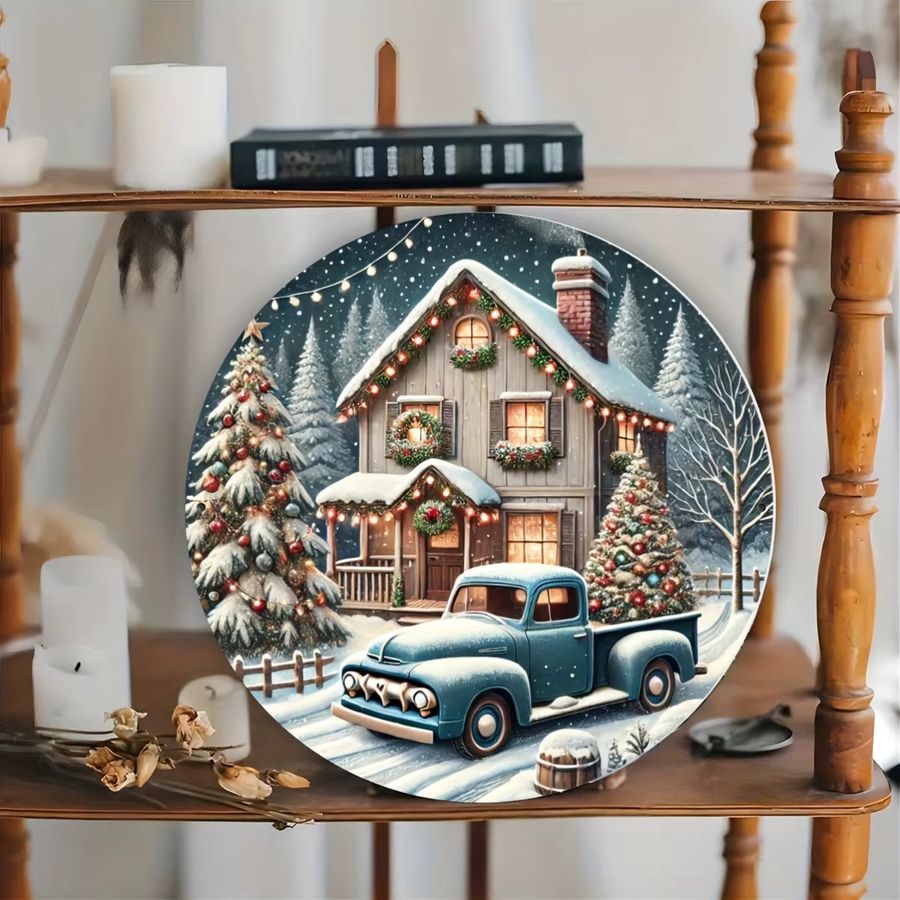 Potdemiel Vintage Weihnachts-Metallschild mit Hütte und LKW zur Dekoration, 20,32 x 20,32 cm - Bild 3