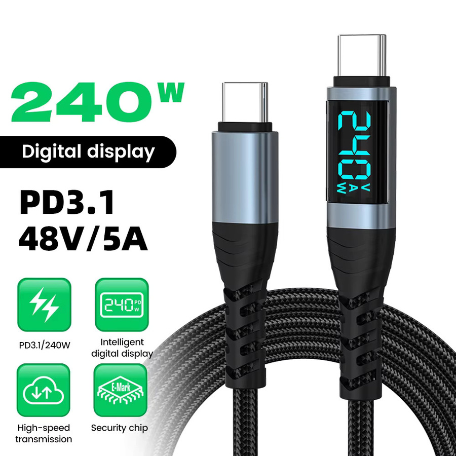 VBNM USB-C zu USB-C Ladekabel mit Digitalanzeige, 240W Schnellladekabel für iPhone 15 16 17, Samsung S26, Huawei und Xiaomi, Schwarz - Bild 2