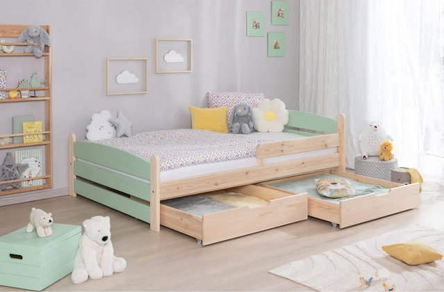TiCAA Einzelbett Mello Kinderbett und Jugendbett aus Massivholz in Weiß im skandinavischen Design mit Schubladen - Bild 1