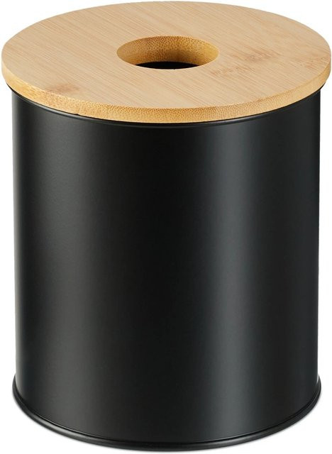 Relaxdays Kosmetikeimer aus Eisen und Bambus in Schwarz mit Bambusdeckel, B/T/H: 15 x 13,5 x 15 cm - Bild 1