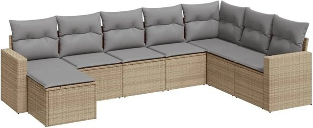 vidaXL 8-tlg. Garten-Sofagarnitur in L-Form aus PE-Rattan und pulverbeschichtetem Stahl mit Kissen in Beige-Grau - Bild 1