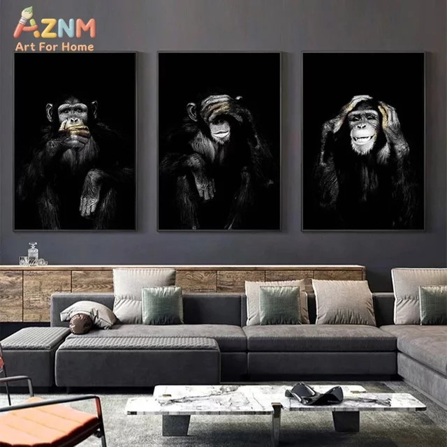 AZNM Wandkunstdruck Drei Weise Affen Schimpansen als Leinwand-Wanddekoration in Schwarz-Weiß - Bild 1