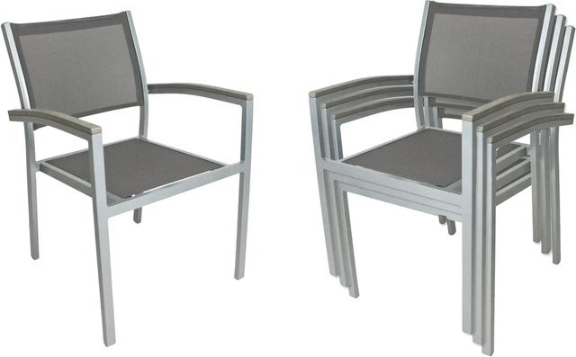 Garden Pleasure Stapelstuhl Grace 4er Set aus Aluminium mit Armlehnen und Textilene in Grau, B/T/H: 55 x 60 x 86 cm - Bild 1