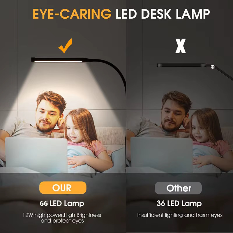 DOUWENXI USB-Clip-LED-Schreibtischlampe in Schwarz mit 3 Modi und 10 Helligkeitsstufen, verstellbarer Schwanenhals für Büro, Schlafzimmer und zum Lesen - Bild 3