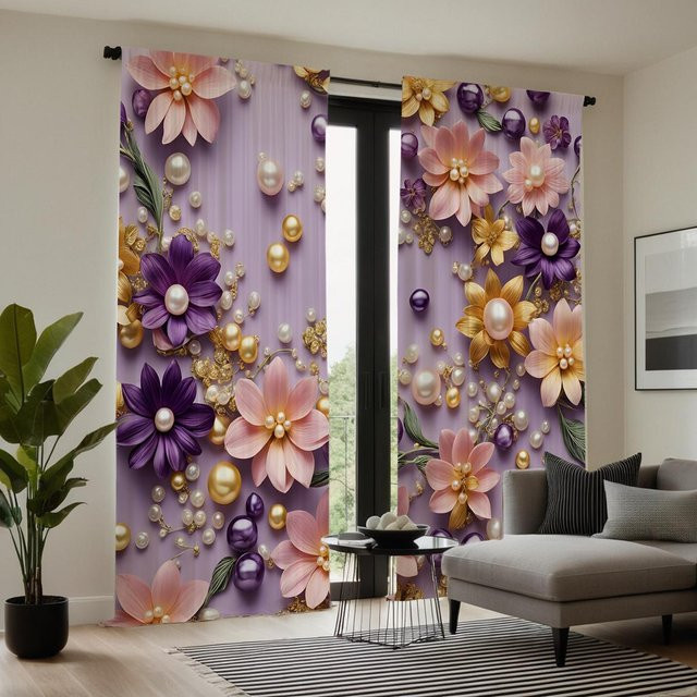 2er-Set MH Vorhang mit digitalem Blumenprint und Bindeband, Rosa/Mehrfarbig, halbtransparent, B: 132 cm, H: 160 cm - Bild 1
