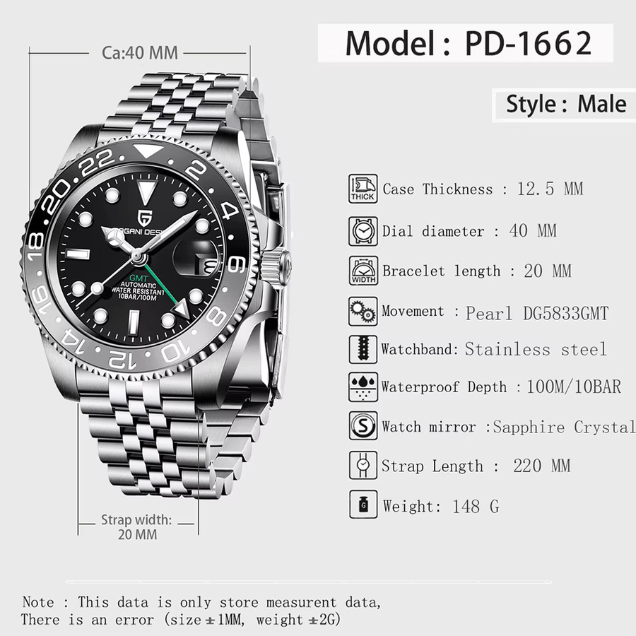 PAGANI DESIGN GMT Automatikuhr, Edelstahl, Schwarz, 40 mm, Herren - Bild 4