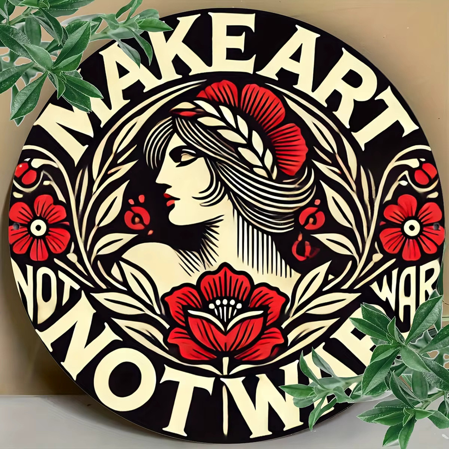 Potdemiel Vintage Wanddekoration Make Art Not War Peace Rose Girl Metallschild, Durchmesser: 20 cm, Mehrfarbig - Bild 5