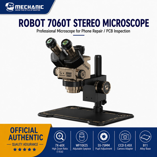 Mechanic Robot 7060T Trinokulares Stereomikroskop mit 7X-60X Zoom, WF10X25 Okular und 0,45X Adapter für Handy-PCB-IC-Lötreparaturen in Schwarz - Bild 1