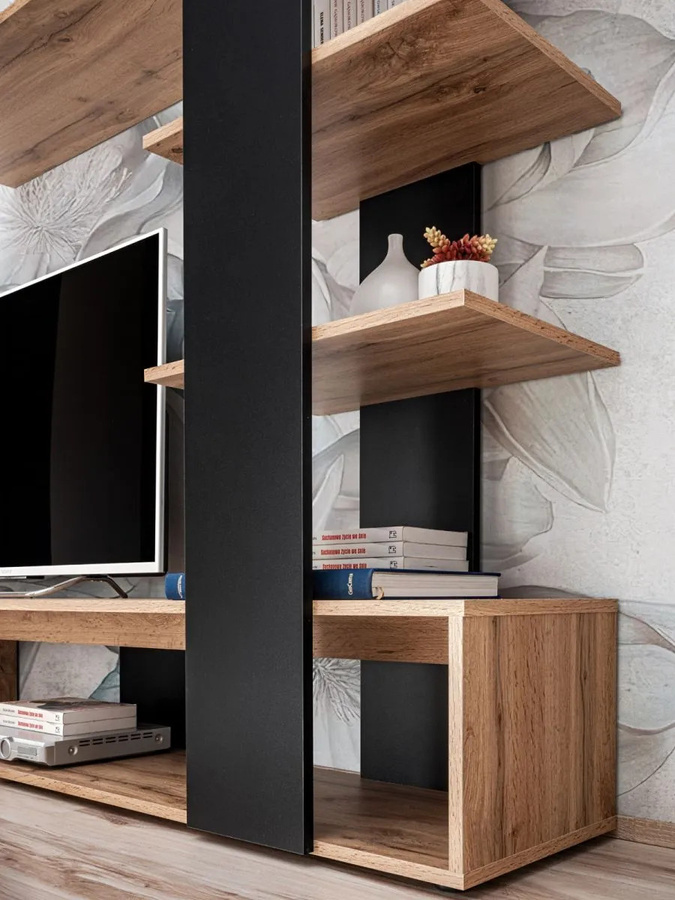 Wohnwand Furn.Design in Schwarz und Wotan Eiche, Lowboard mit offenen Regalen und Türen, Breite: 190 cm - Bild 2