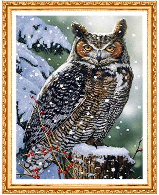FIYO 5D DIY Diamantmalerei Eule im Winter, Vollrundbohrer, Multicolor, B: 30 cm x H: 20 cm - Bild 1