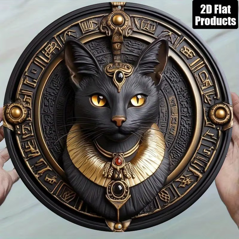 Potdemiel Retro-Wandkunstschild aus Aluminium mit Katzenmotiv in Schwarz und Gold, rund, Durchmesser: 20,32 cm - Bild 4