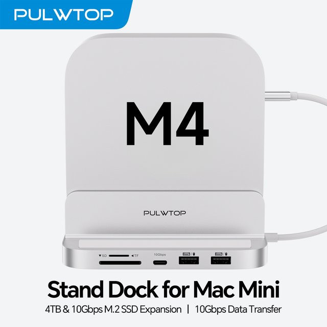 PULWTOP Vertikales Mac Mini M4 Dock mit 4TB SSD-Gehäuse, USB-A/C 3.2 10 Gbps, USB-A 2.0, SD/TF und Audio, Farbe: Silber - Bild 1