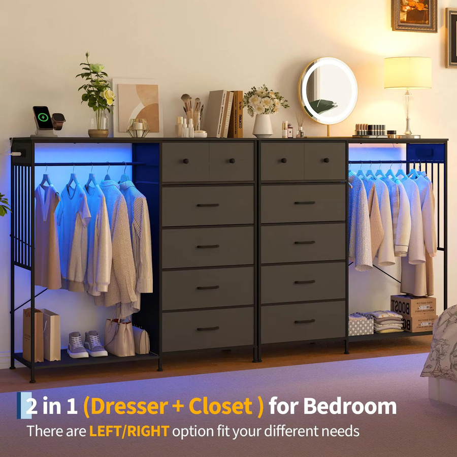 GarveeHome Kleiderschrank für Schlafzimmer mit 6 Schubladen, LED-Beleuchtung und Ladestation, Metall und Holz, Farbe: Schwarz/Braun, B/T/H: 125 x 40 x 120 cm - Bild 2