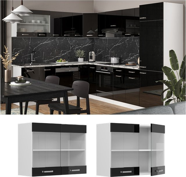 Vicco R-Line Glashängeschrank für die Küche in Weiß und Schwarz mit Glastüren, B/T/H: 80 x 31 x 60 cm - Bild 1