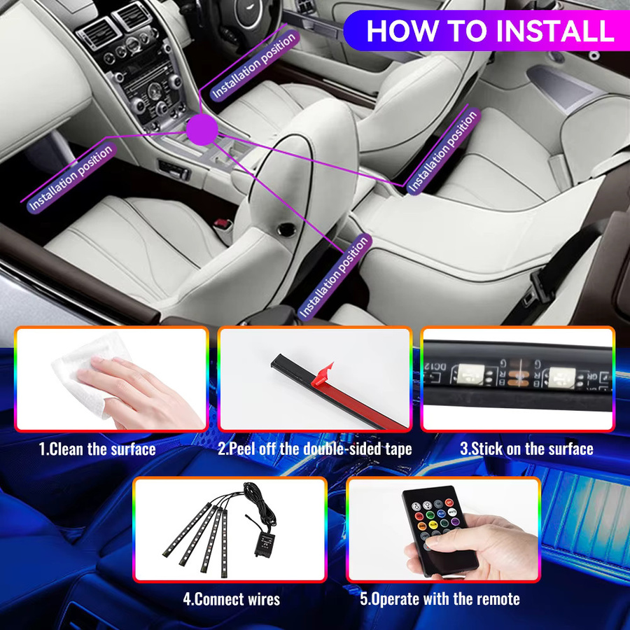 WUMFIRE RGB LED Auto Atmosphäre Licht mit App- und Fernbedienung Steuerung, USB Musik Licht Streifen für die Innenraumbeleuchtung, Wasserdicht, Multicolour - Bild 2