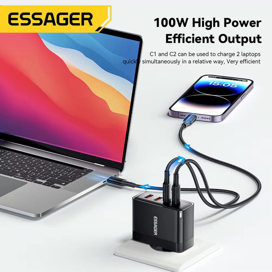 Essager 100 W GaN USB Typ C Ladegerät mit PD Schnellladung, Schwarz, US/KR Stecker für Laptop, MacBook, iPhone und Samsung - Bild 4