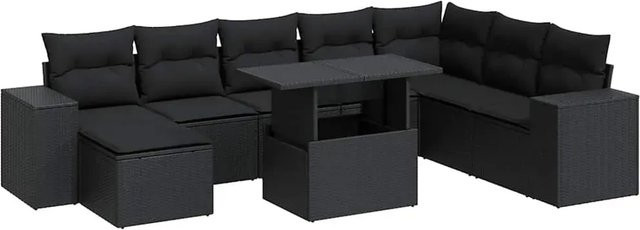 vidaXL 9-tlg. Garten-Sofagarnitur in L-Form aus schwarzem Poly-Rattan mit Kissen und pulverbeschichtetem Stahlgestell - Bild 1