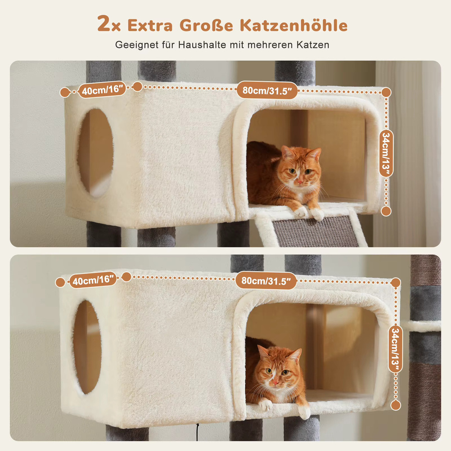 Luxuriöser Katzenbaum von PAWZ Road mit zwei Katzenhöhlen, Sisal-Kratzstämmen und einer großen Hängematte für erwachsene Katzen - Bild 3