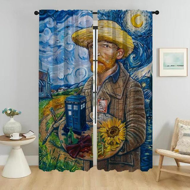 Van Gogh Elegante Raumvorhänge Set aus 2 Stück, Blau, Semi-transparent, B: 50 cm, H: 70 cm - Bild 1