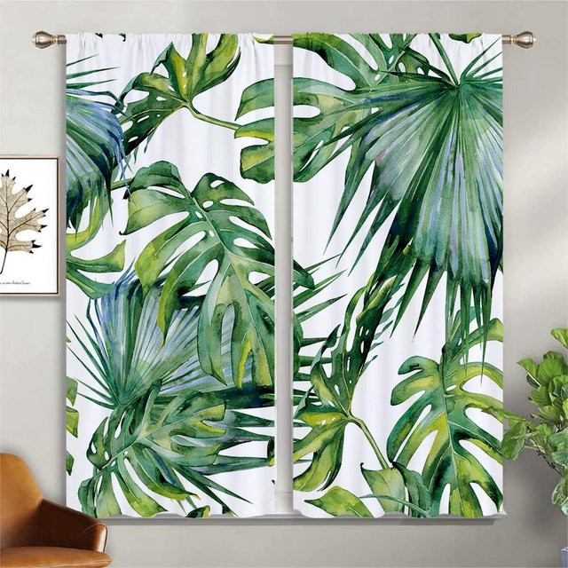 Yiran Furniture Vorhänge mit tropischem Vegetation-Digitaldruck in Grün, 2er-Set, semi-transparent, Breite: 50 cm, Höhe: 140 cm - Bild 1