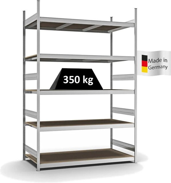 PROREGAL Weitspannregal Stecksystem T-Profil in Silber, verzinkt, mit 5 Ebenen Spanplatten-Fachböden, H x B x T: 300 x 200 x 80 cm - Bild 1