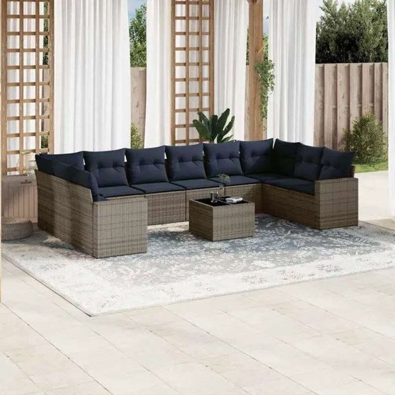 11-teilige moderne Garten-Sofagarnitur aus Poly-Rattan mit Kissen in Grau von vidaxl - Bild 1