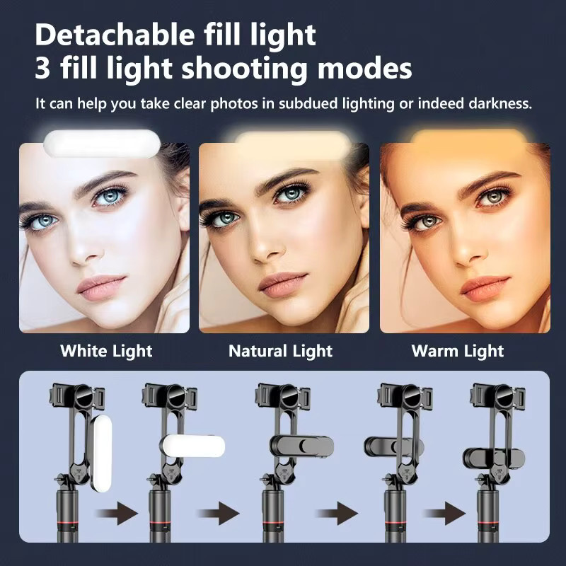 Drahtloser Bluetooth-Selfie-Stick mit Fülllicht und Fernbedienung für Smartphone-Videoaufnahmen, Schwarz - Bild 4