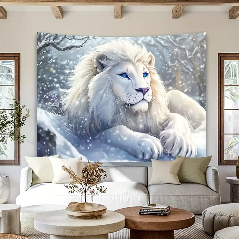 VIKAMA Wandteppich mit weißem Löwen und blauen Augen in Winterschneeszene, moderner Wandbehang als ästhetisches Dekortuch - Bild 4