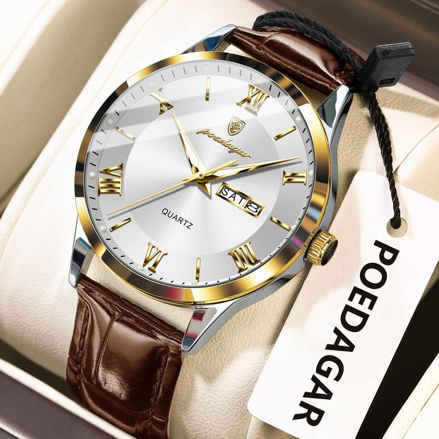 POEDAGAR Armbanduhr, Quarz, Leder, Silber, Herren, Datum, Wochentag - Bild 1