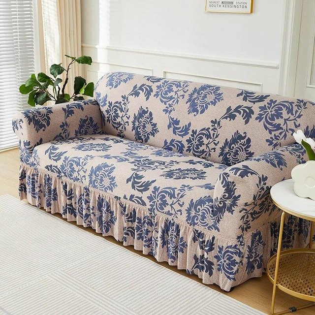 Elastischer L-förmiger Sofabezug von Binchi Outdoor Equipment mit floralem Muster in Blau, Möbelschutzbezug für Ecksofas, Breite: 90-140 cm - Bild 1