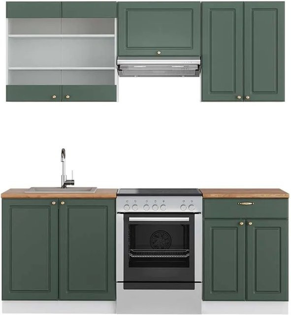 Vicco Fame-Line Küchenschränke im Landhausstil in Grün, Gold und Weiß mit Eichenoptik, Breite: 200 cm - Bild 1