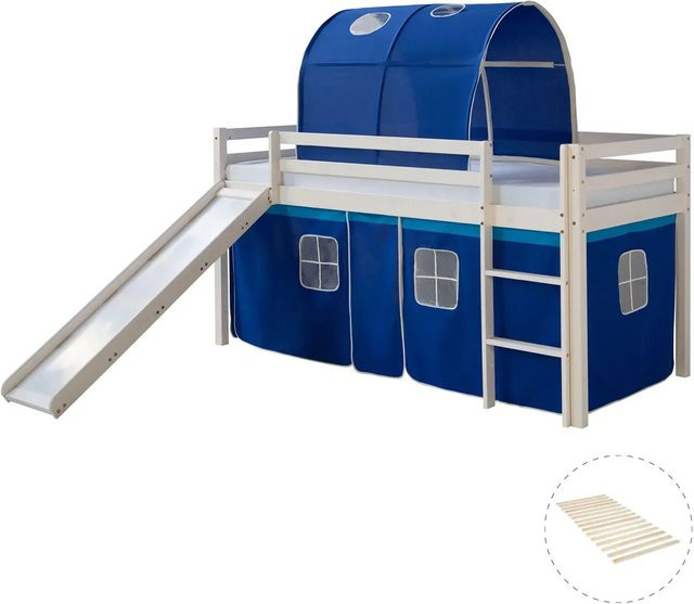 Homestyle4u Hochbett für Kinder aus Kiefernholz mit Rutsche, Tunnel und Vorhang in Weiß, B/T/H: 90 x 200 x 219,5 cm - Bild 1
