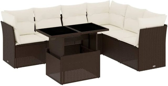 vidaXL 7-teilige Garten-Sofagarnitur in L-Form aus braunem PE-Rattan mit cremeweißen Kissen und Gartentisch - Bild 1
